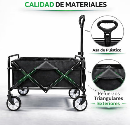 Carro De Mano Plegable Con Ruedas | Carrito Multiusos Ideal Playa, Compra, Jardín O Camping | Carga Hasta 60Kg | Asa Ajustable | Auxiliar | Transporte Todoterreno De Herramientas O Juguetes