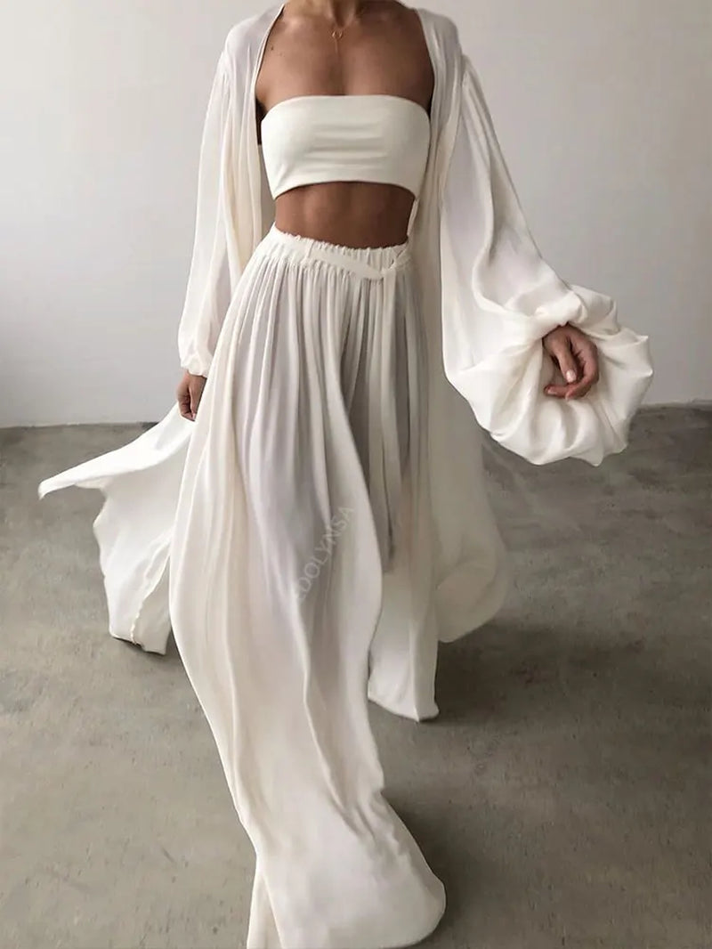 Conjunto Sexy De Tres Piezas De Color Sólido Para Mujer, Top De Tubo, Vestido De Playa, Top Corto, Pantalones, Cárdigan De Manga Larga, Conjunto De 3 Piezas A1642