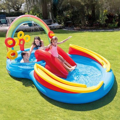 INTEX - Piscina Hinchable Infantil, Centro De Juegos Arco Iris Con Tobogán Base Acolchada Y Aspersor, Incluye 8 Bolas Y 4 Anillas Para Jugar, Niños +2 Años, Capacidad De 168-206L, Medidas 191X295X109Cm, Incluye Parche De Reparación