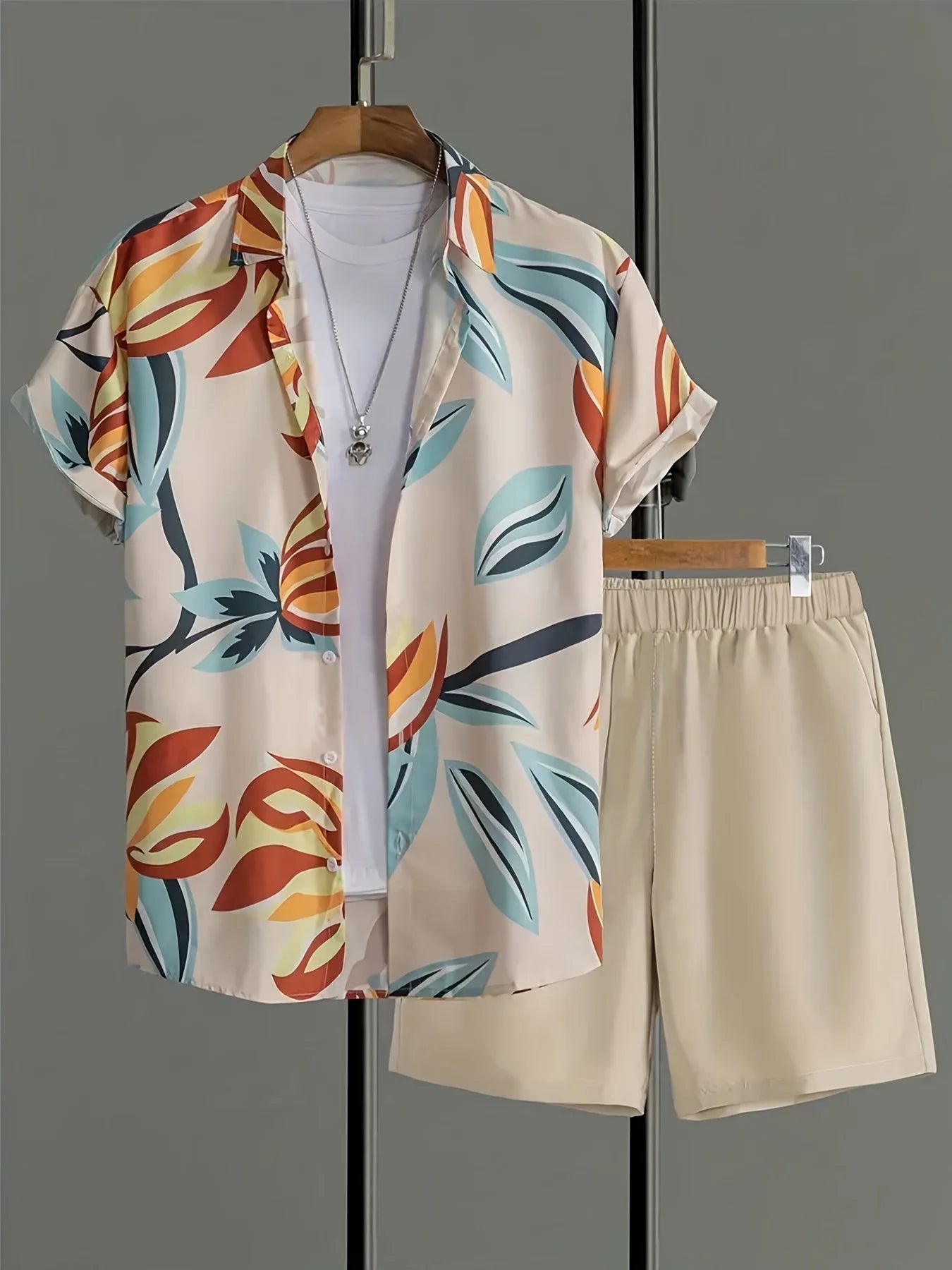 Conjunto De Camisa Con Estampado De Hojas De Palma Para Hombre, Conjunto De Camisa Y Pantalones Cortos De Manga Corta Informal Elegante, Conjunto De Dos Piezas Para Vacaciones a La Moda Para Hombre