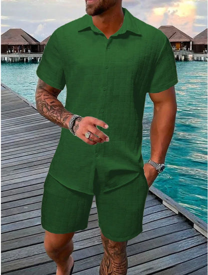 New Men'S Casual Suit Summer Daily Outdoor Travel Solid Color Jacquard Lapel Short-Sleeved Shirt + Drawstring Shorts 2-Piece Set