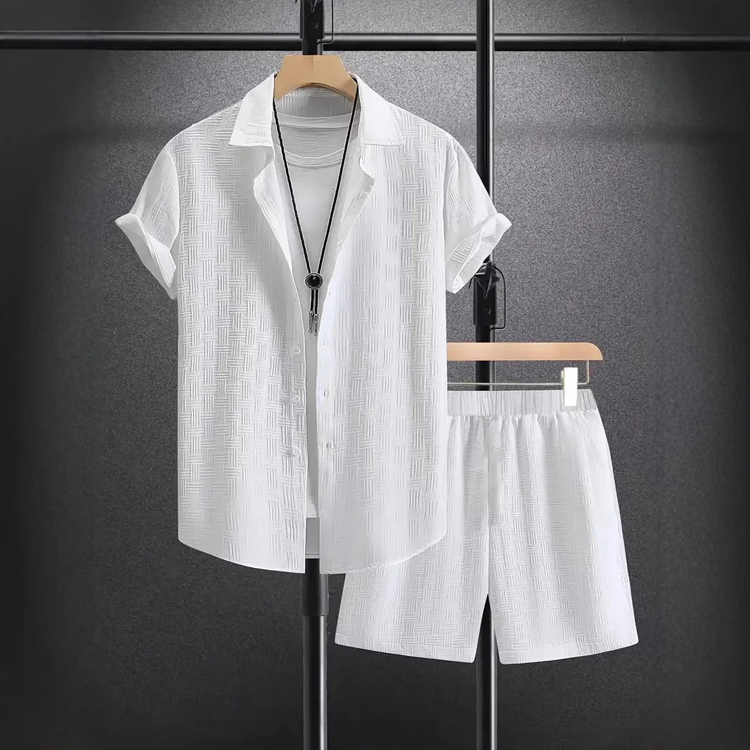 New Men'S Casual Suit Summer Daily Outdoor Travel Solid Color Jacquard Lapel Short-Sleeved Shirt + Drawstring Shorts 2-Piece Set