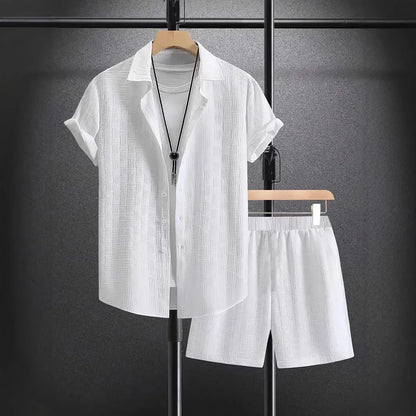 New Men'S Casual Suit Summer Daily Outdoor Travel Solid Color Jacquard Lapel Short-Sleeved Shirt + Drawstring Shorts 2-Piece Set