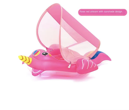 Child Pool Float with Removable Sun Umbrella Canopy Durable PVC Infant Swimming Ring and Adjustable Seat