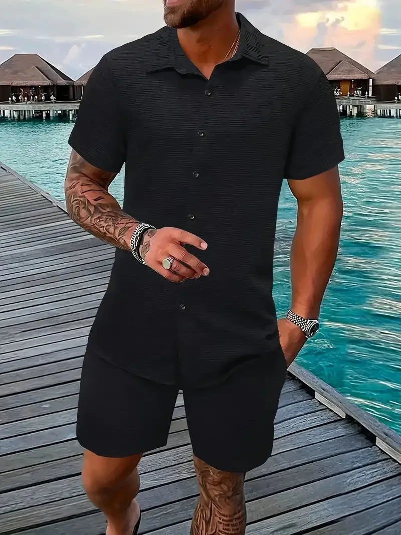New Men'S Casual Suit Summer Daily Outdoor Travel Solid Color Jacquard Lapel Short-Sleeved Shirt + Drawstring Shorts 2-Piece Set