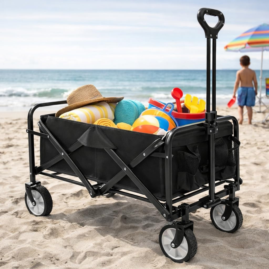 Carro De Mano Plegable Con Ruedas | Carrito Multiusos Ideal Playa, Compra, Jardín O Camping | Carga Hasta 60Kg | Asa Ajustable | Auxiliar | Transporte Todoterreno De Herramientas O Juguetes
