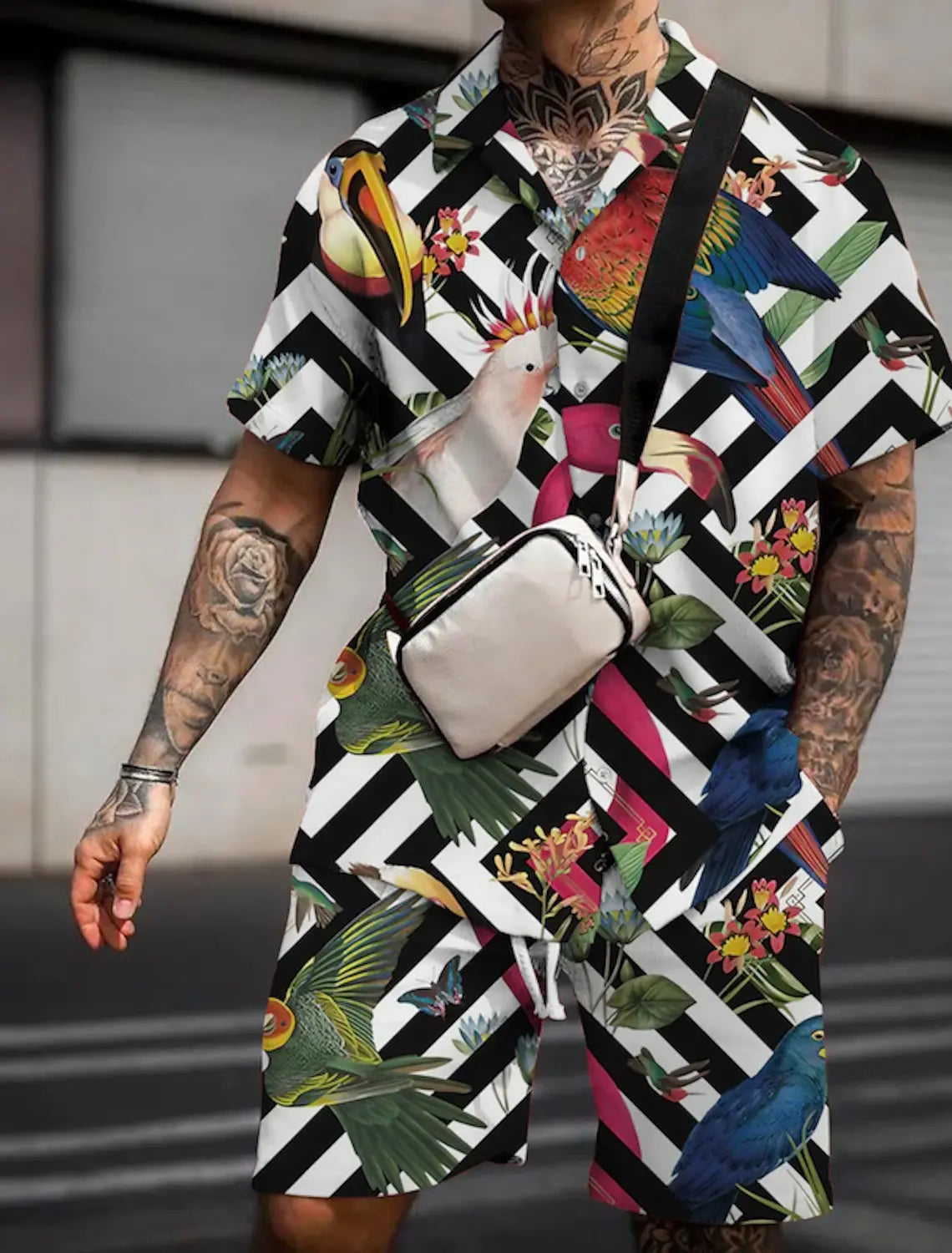 Men'S Floral Flamingo Tropical Two Piece Shirt Suit Hawaiian Shirt Short Sleeve Shorts Lapel Fashion Street Casual Print
