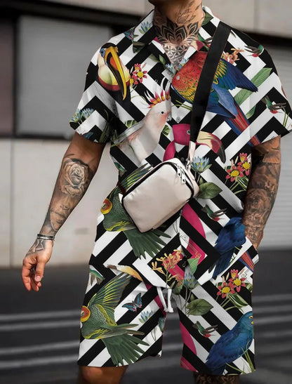 Men'S Floral Flamingo Tropical Two Piece Shirt Suit Hawaiian Shirt Short Sleeve Shorts Lapel Fashion Street Casual Print