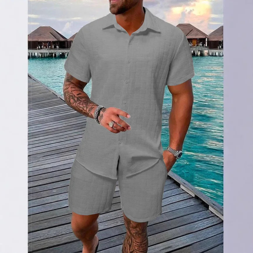 New Men'S Casual Suit Summer Daily Outdoor Travel Solid Color Jacquard Lapel Short-Sleeved Shirt + Drawstring Shorts 2-Piece Set