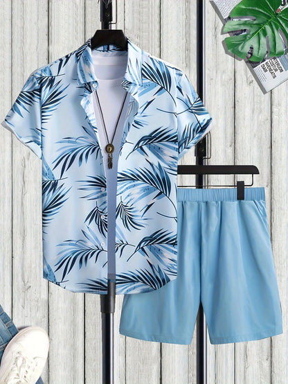 Conjunto De Camisa Con Estampado De Hojas De Palma Para Hombre, Conjunto De Camisa Y Pantalones Cortos De Manga Corta Informal Elegante, Conjunto De Dos Piezas Para Vacaciones a La Moda Para Hombre