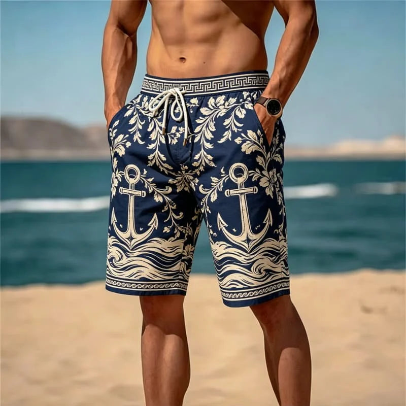Men'S Retro Light Luxury Printed Beach Shorts, Breathable and Quick Drying, Suitable for Summer Travel and Beach Vacations
