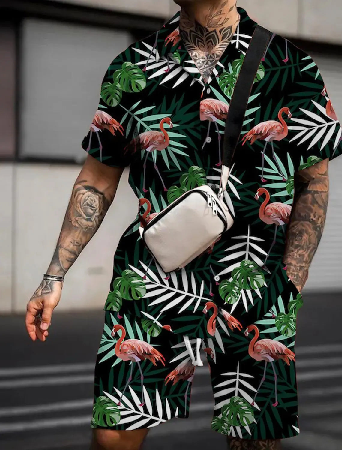 Men'S Floral Flamingo Tropical Two Piece Shirt Suit Hawaiian Shirt Short Sleeve Shorts Lapel Fashion Street Casual Print