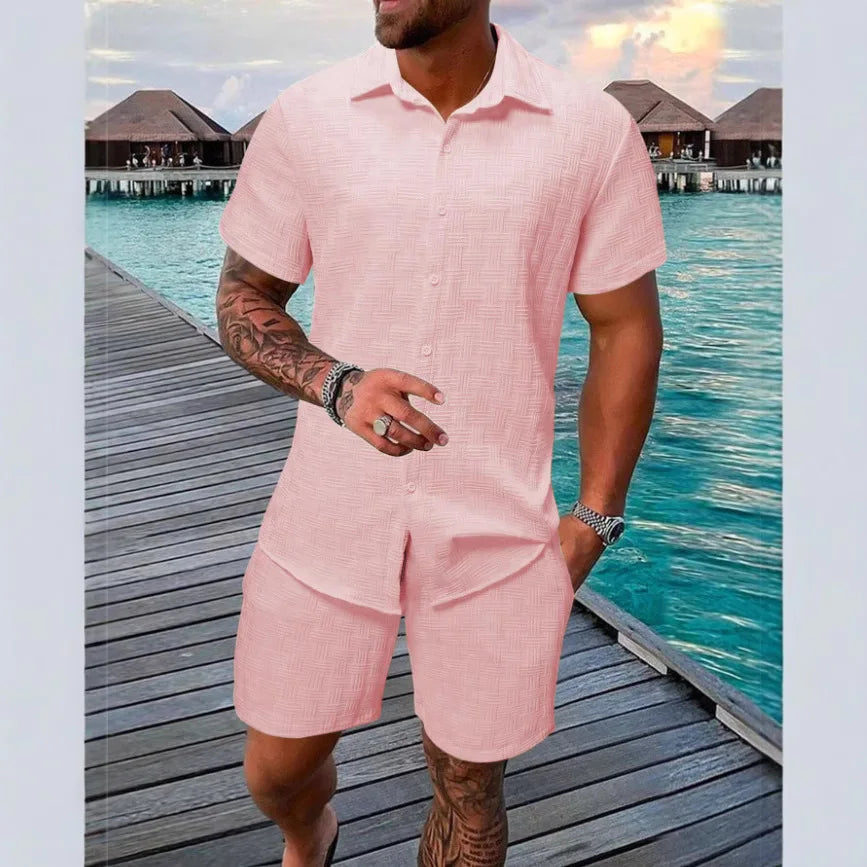 New Men'S Casual Suit Summer Daily Outdoor Travel Solid Color Jacquard Lapel Short-Sleeved Shirt + Drawstring Shorts 2-Piece Set