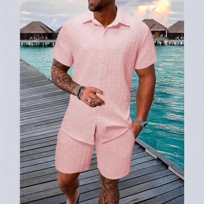 New Men'S Casual Suit Summer Daily Outdoor Travel Solid Color Jacquard Lapel Short-Sleeved Shirt + Drawstring Shorts 2-Piece Set