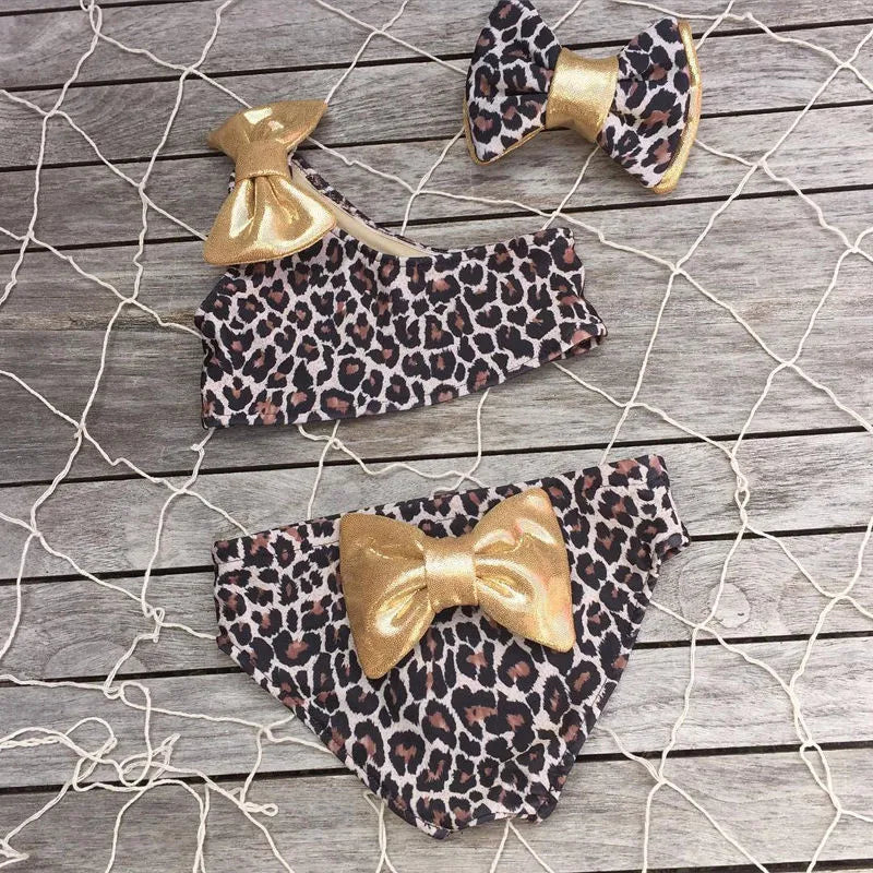 0-5Years Infant Girls 3Pcs Bikini Set with Leopard Printed One Shoulder off Sleeveless Swimwear for Girl Summer Leopard Swimsuit