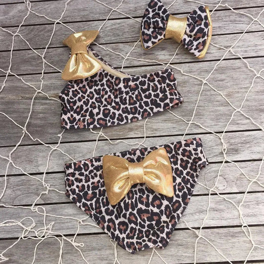 0-5Years Infant Girls 3Pcs Bikini Set with Leopard Printed One Shoulder off Sleeveless Swimwear for Girl Summer Leopard Swimsuit