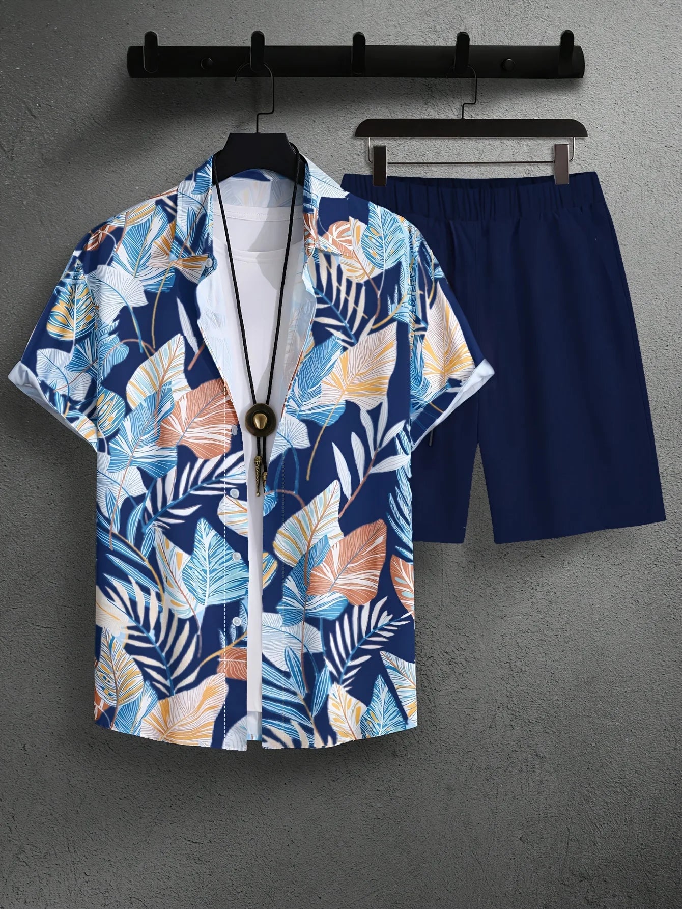 Conjunto De Camisa Con Estampado De Hojas De Palma Para Hombre, Conjunto De Camisa Y Pantalones Cortos De Manga Corta Informal Elegante, Conjunto De Dos Piezas Para Vacaciones a La Moda Para Hombre