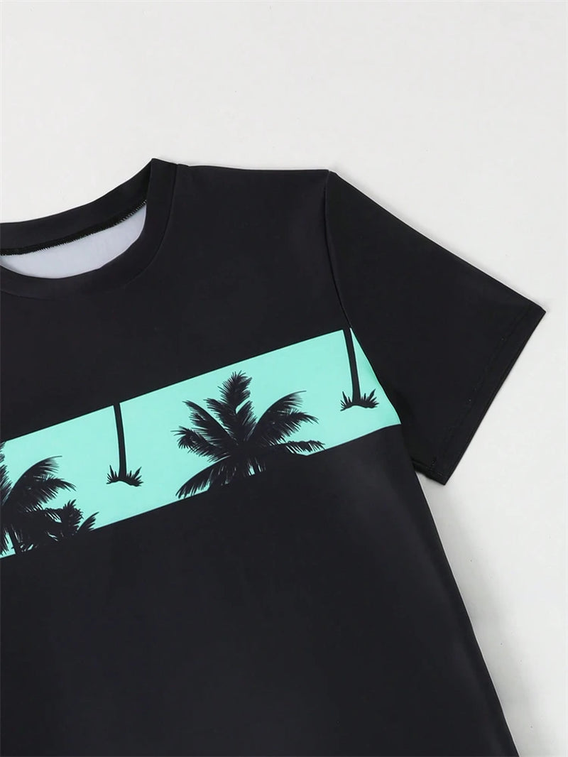 Boy Kids Swimsuit 2026 New Solid Coconut Tree Print Children Swimwear Summer Two Piece Beach Shorts Beach Bathing Suit Swimming