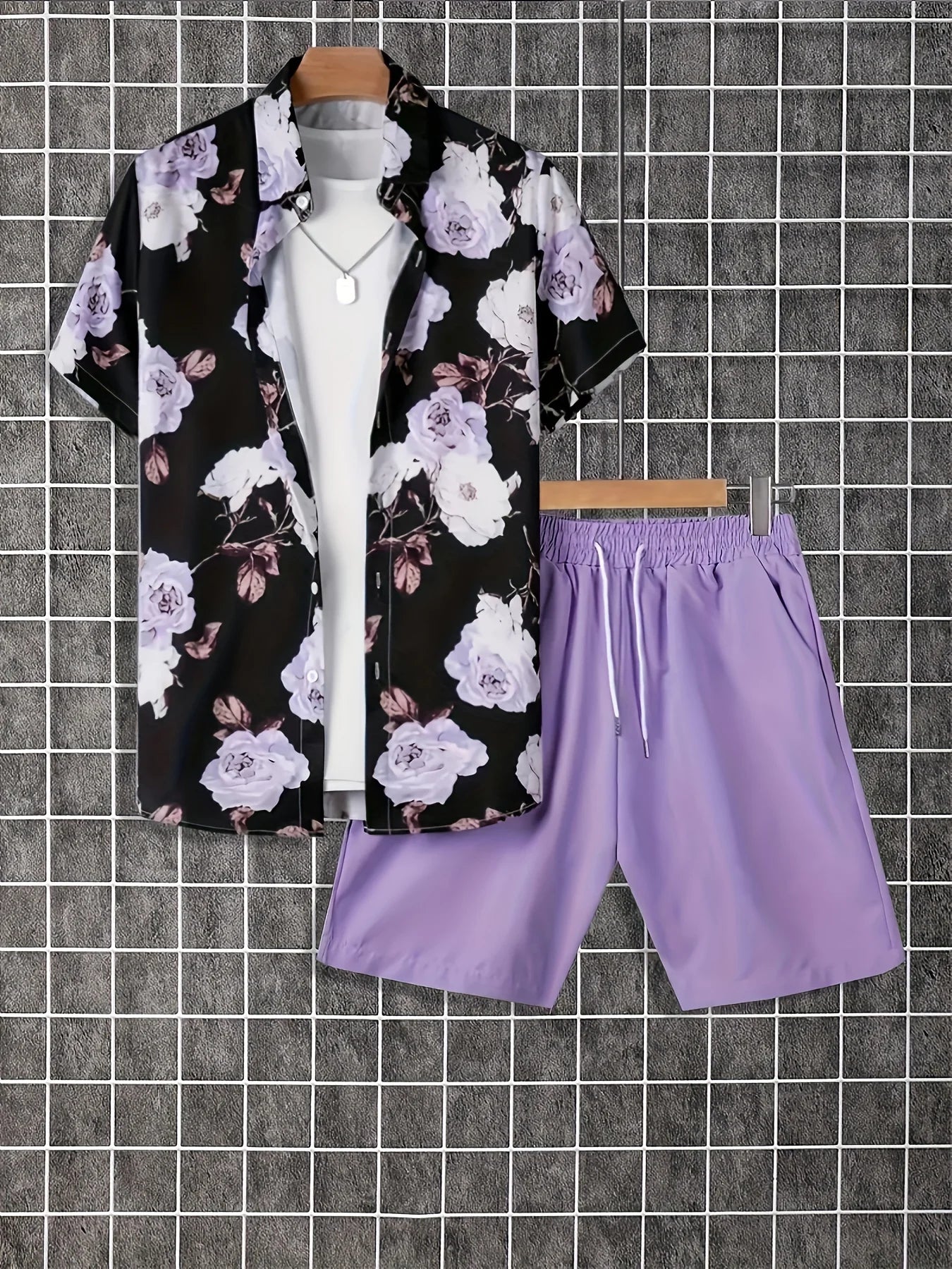 Conjunto De Camisa Con Estampado De Hojas De Palma Para Hombre, Conjunto De Camisa Y Pantalones Cortos De Manga Corta Informal Elegante, Conjunto De Dos Piezas Para Vacaciones a La Moda Para Hombre