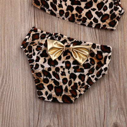 0-5Years Infant Girls 3Pcs Bikini Set with Leopard Printed One Shoulder off Sleeveless Swimwear for Girl Summer Leopard Swimsuit