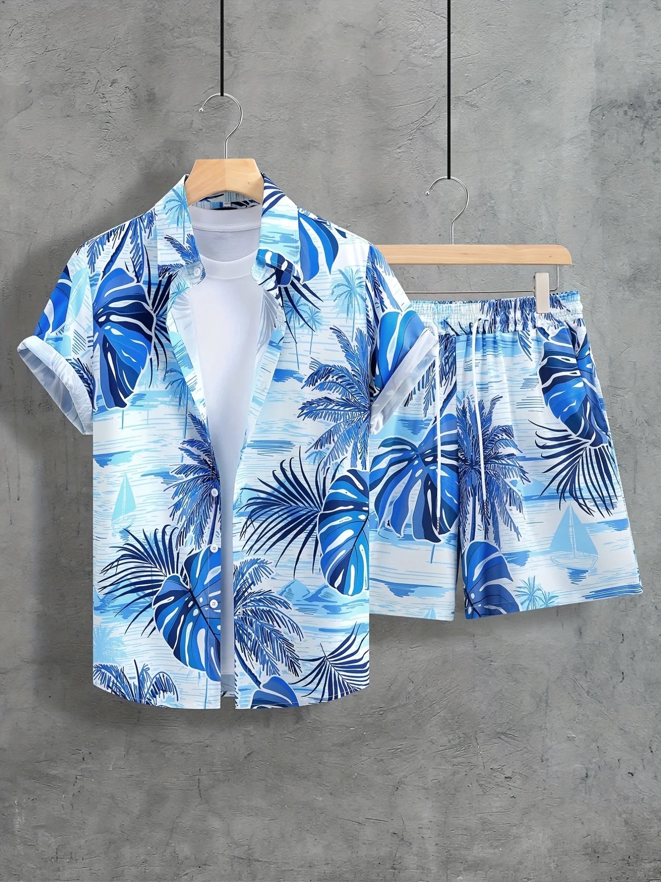 Conjunto De Camisa Con Estampado De Hojas De Palma Para Hombre, Conjunto De Camisa Y Pantalones Cortos De Manga Corta Informal Elegante, Conjunto De Dos Piezas Para Vacaciones a La Moda Para Hombre