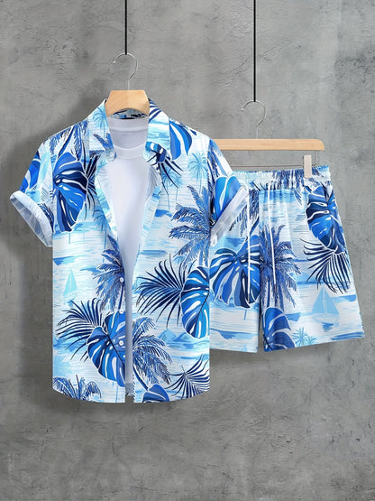Conjunto De Camisa Con Estampado De Hojas De Palma Para Hombre, Conjunto De Camisa Y Pantalones Cortos De Manga Corta Informal Elegante, Conjunto De Dos Piezas Para Vacaciones a La Moda Para Hombre