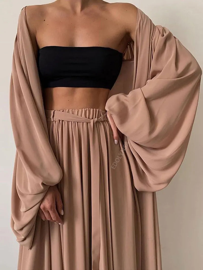 Conjunto Sexy De Tres Piezas De Color Sólido Para Mujer, Top De Tubo, Vestido De Playa, Top Corto, Pantalones, Cárdigan De Manga Larga, Conjunto De 3 Piezas A1642