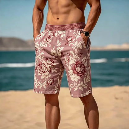 Men'S Retro Light Luxury Printed Beach Shorts, Breathable and Quick Drying, Suitable for Summer Travel and Beach Vacations