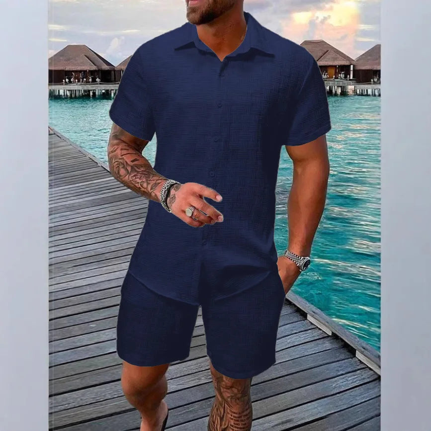 New Men'S Casual Suit Summer Daily Outdoor Travel Solid Color Jacquard Lapel Short-Sleeved Shirt + Drawstring Shorts 2-Piece Set