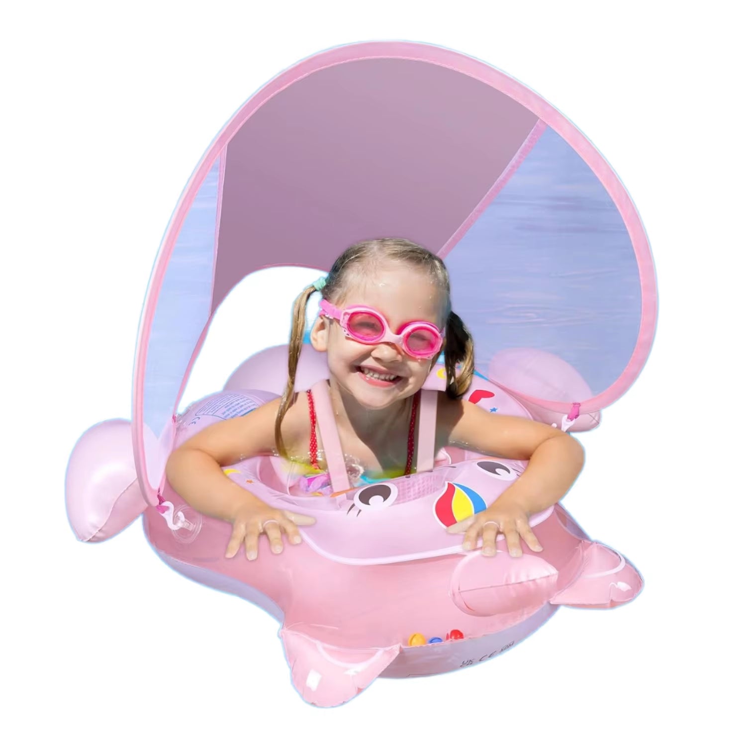 Child Pool Float with Removable Sun Umbrella Canopy Durable PVC Infant Swimming Ring and Adjustable Seat