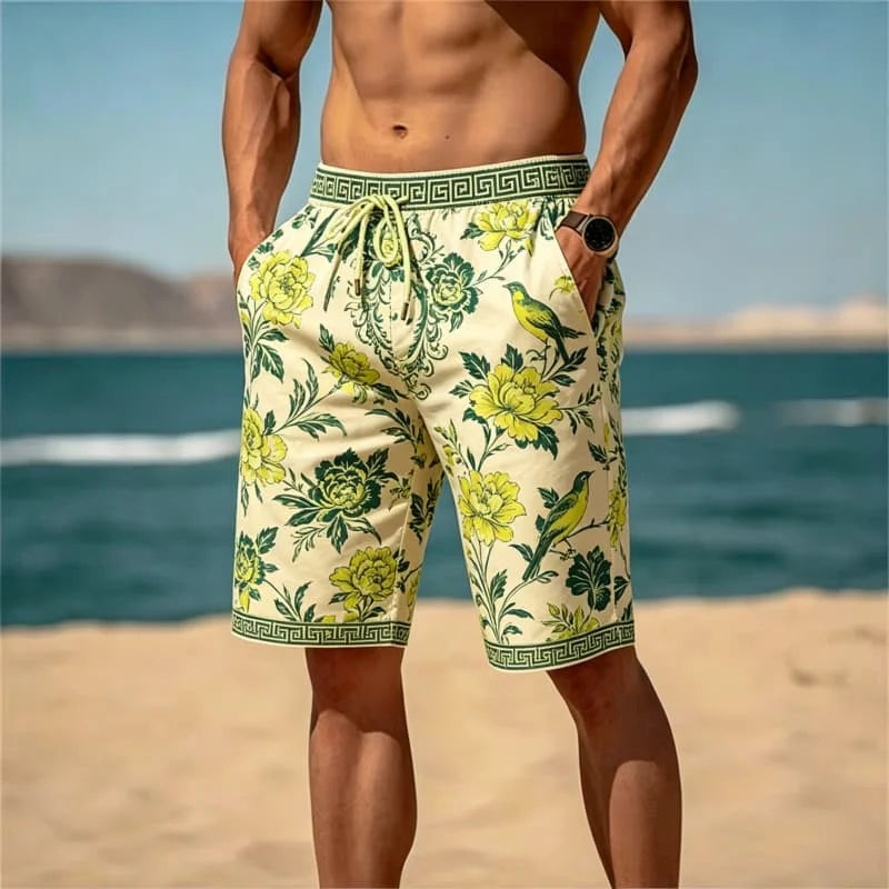 Men'S Retro Light Luxury Printed Beach Shorts, Breathable and Quick Drying, Suitable for Summer Travel and Beach Vacations