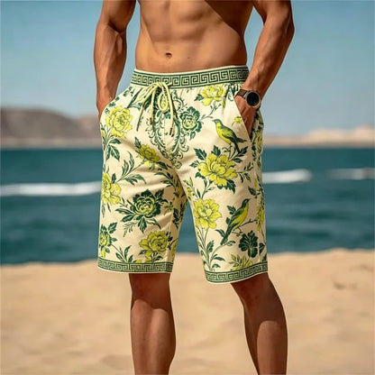 Men'S Retro Light Luxury Printed Beach Shorts, Breathable and Quick Drying, Suitable for Summer Travel and Beach Vacations