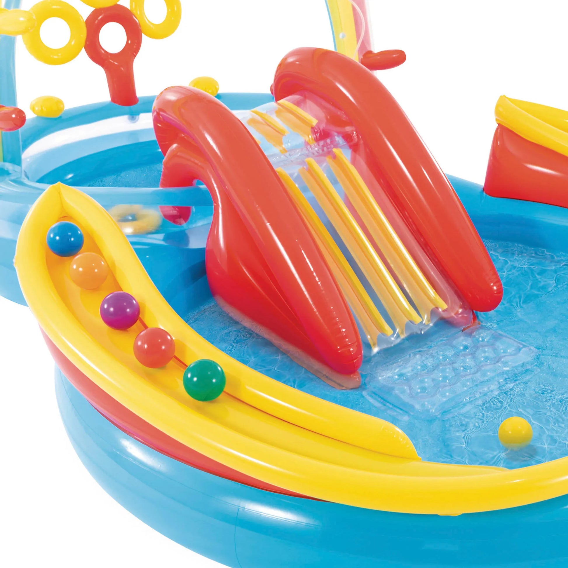 INTEX - Piscina Hinchable Infantil, Centro De Juegos Arco Iris Con Tobogán Base Acolchada Y Aspersor, Incluye 8 Bolas Y 4 Anillas Para Jugar, Niños +2 Años, Capacidad De 168-206L, Medidas 191X295X109Cm, Incluye Parche De Reparación