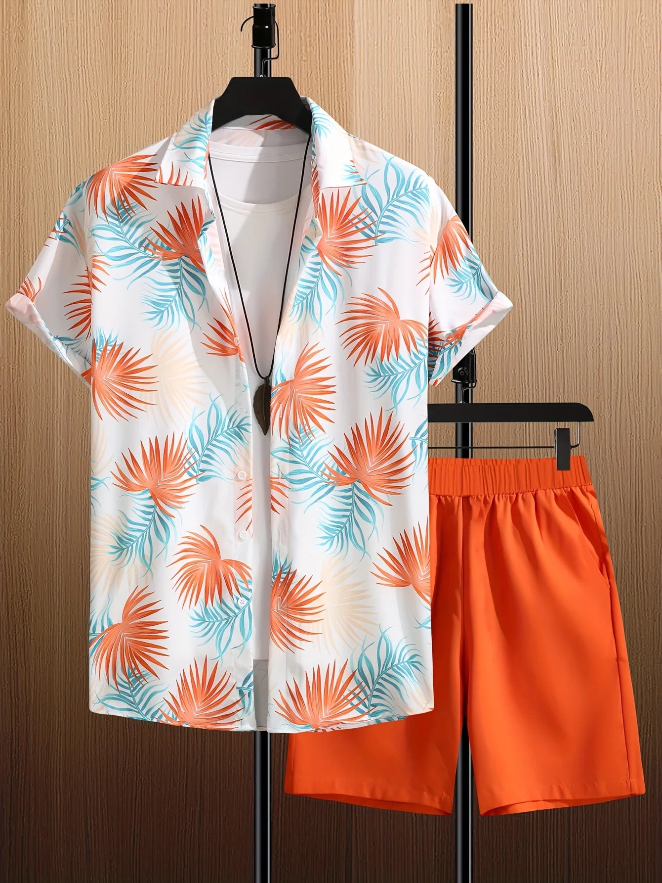 Conjunto De Camisa Con Estampado De Hojas De Palma Para Hombre, Conjunto De Camisa Y Pantalones Cortos De Manga Corta Informal Elegante, Conjunto De Dos Piezas Para Vacaciones a La Moda Para Hombre