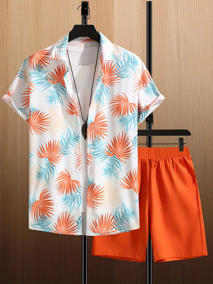 Conjunto De Camisa Con Estampado De Hojas De Palma Para Hombre, Conjunto De Camisa Y Pantalones Cortos De Manga Corta Informal Elegante, Conjunto De Dos Piezas Para Vacaciones a La Moda Para Hombre