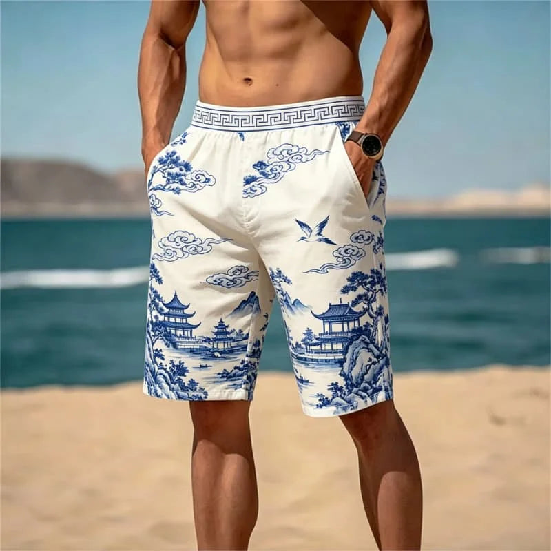Men'S Retro Light Luxury Printed Beach Shorts, Breathable and Quick Drying, Suitable for Summer Travel and Beach Vacations